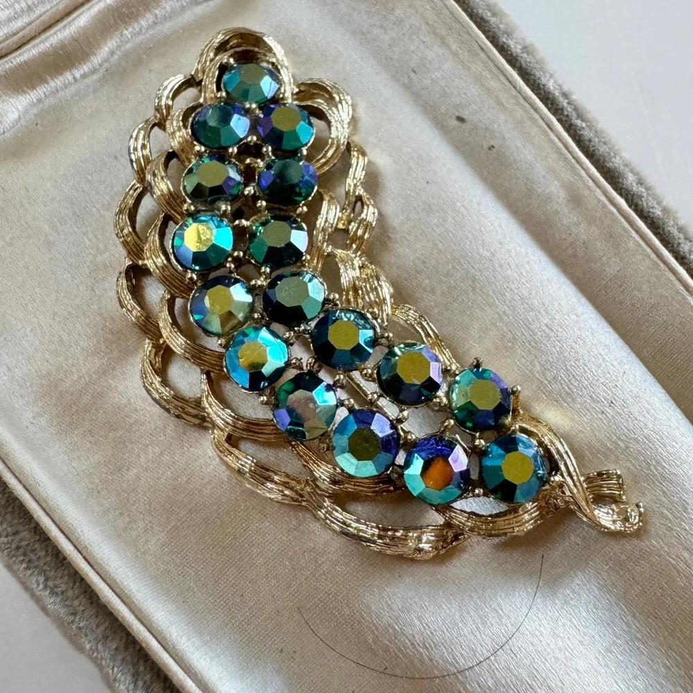 Vintage Statement‎ Brooch Pin Peacock Blue Green Aurora Borealis Rhinestones